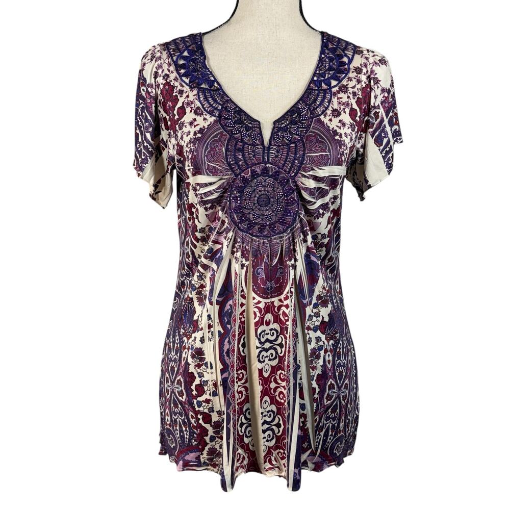 One World Medium Tunic Top Floral Sublimation Stretch Crochet V-Neck Pullover